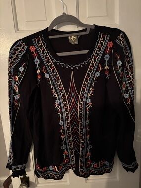 Anthropologie Black Embroidered Floral Top